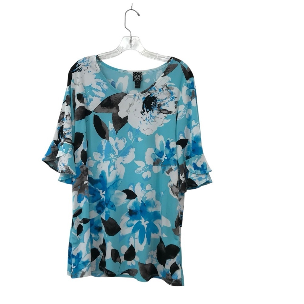 CLARA SUNWOO Knit Top Large 3/4 Bell Sleeve Blue Black White Size Large